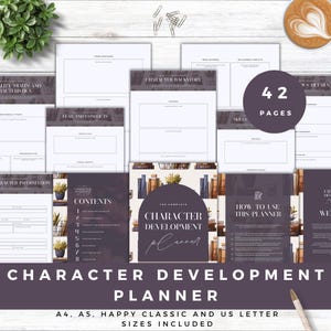 Pode incluir: Um planejador de desenvolvimento de personagens imprimível com 42 páginas. O planejador tem um esquema de cores roxo e branco com um design de estante de livros. O texto "The Complete Character Development Planner" é apresentado na capa.