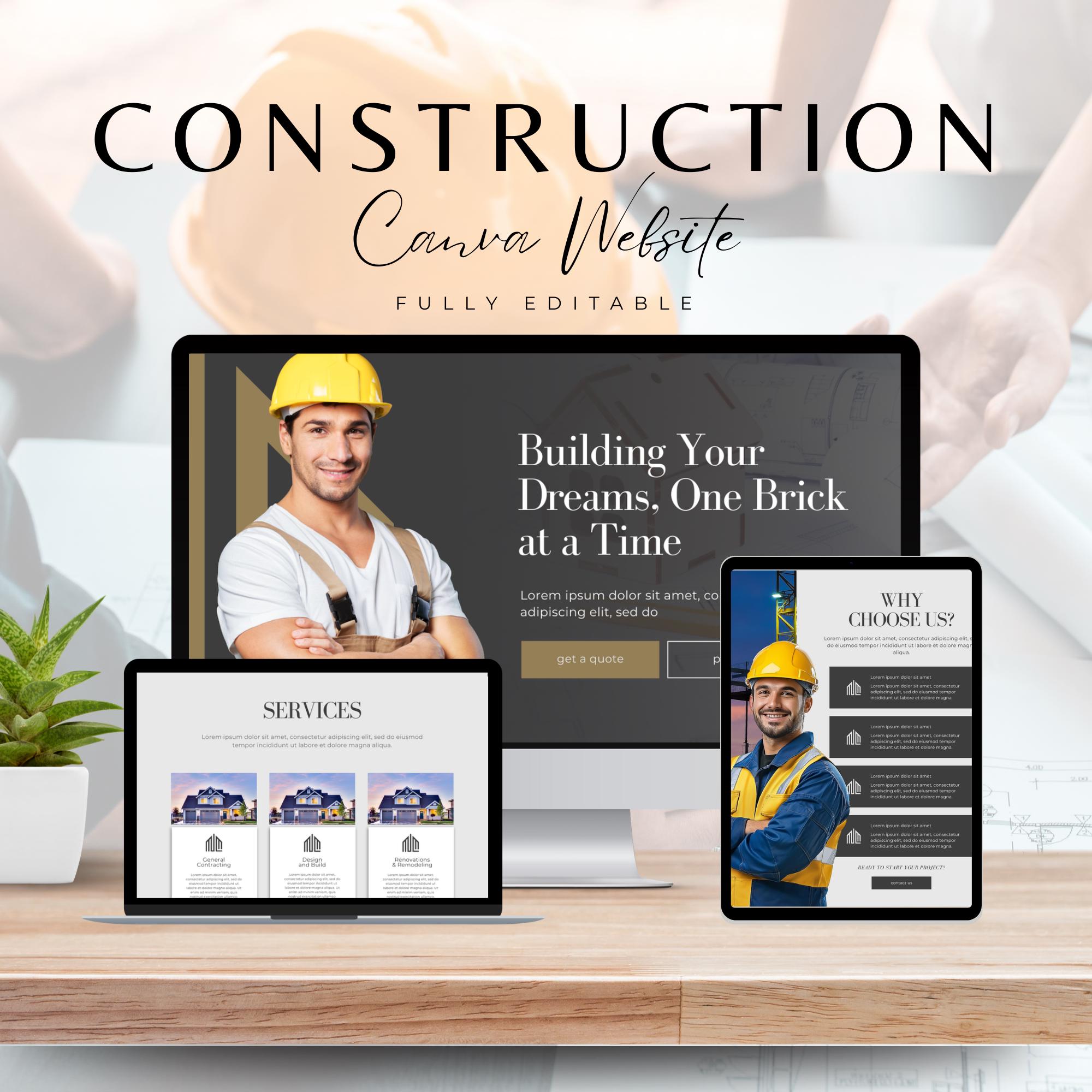 Construction Website Template Canva Builder Website Landing Page Template Building Project Webpage Editable Contractor Website