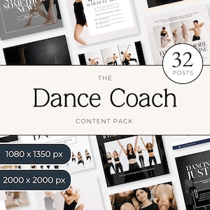 May include: A promotional image for "The Dance Coach Content Pack" featuring various dance-related graphics. The image includes the text "The Dance Coach" and "Content Pack." It also shows images of dancers and the text "32 Posts."