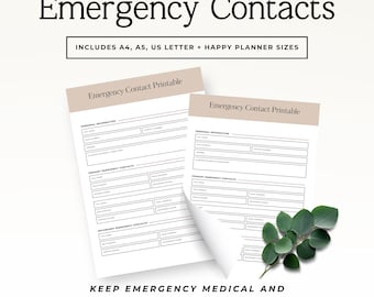 Puede incluir: Dos formularios de contacto de emergencia imprimibles en blanco con encabezados beige y texto negro. Los formularios incluyen secciones para información personal y contactos de emergencia. El texto incluye Emergency Contacts, Includes A4, A5, US Letter + Happy Planner Sizes, Emergency Contact Printable y Keep Emergency Medical and Contact Details Organized.