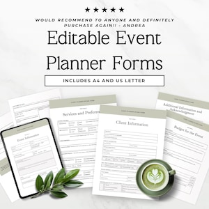 Può includere: Una raccolta di moduli modificabili per la pianificazione di eventi con sezioni per informazioni sul cliente, servizi e budget. I documenti includono intestazioni come 'Editable Event Planner Forms' e una valutazione a cinque stelle.