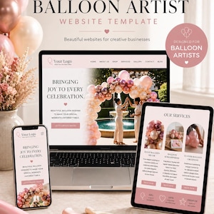 Könnte beinhalten: Eine Website-Vorlage für Ballon-Künstler, mit einem Laptop, Telefon und Tablet, die Website-Designs anzeigen. Das Design umfasst rosa und weiße Ballons, mit dem Text "BALLOON ARTIST WEBSITE TEMPLATE" und "BRINGING JOY TO EVERY CELEBRATION."
