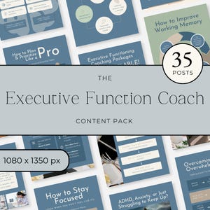Puede incluir: Se muestra un paquete de contenido digital titulado "The Executive Function Coach Content Pack". La imagen presenta varias diapositivas con texto como "How to Plan & Prioritize Like a Pro" y "How to Improve Working Memory". También incluye el texto "35 Posts".