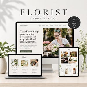 Puede incluir: Una maqueta digital de un sitio web de floristería en una computadora de escritorio, una computadora portátil y una tableta. El sitio web presenta el texto "FLORIST CANVA WEBSITE" y "Your Floral Shop, your premier destination for exquisite floral arrangements."