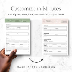 May include: Two printable floral business order forms with fields for client information, wedding details, and floral arrangements. The left form has a sage green header, the right has a pale pink header with floral line art and text.