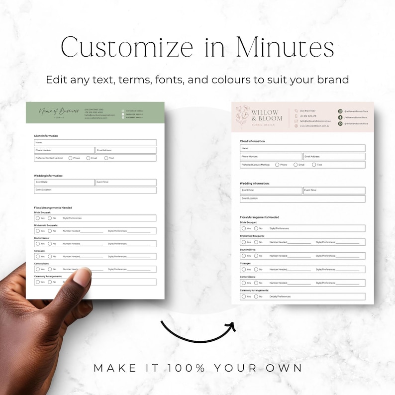 May include: Two printable floral business order forms with fields for client information, wedding details, and floral arrangements. The left form has a sage green header, the right has a pale pink header with floral line art and text.