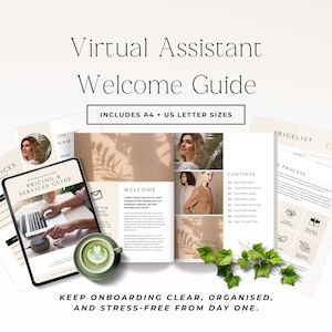 May include: A digital welcome guide for virtual assistants, featuring a tablet displaying a pricing guide, a welcome page, and a contents page. The guide includes A4 and US letter sizes. A cup of coffee and greenery are also present.