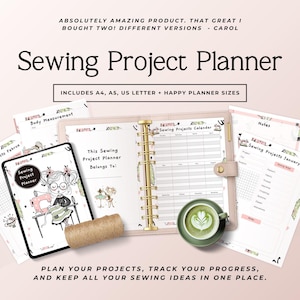 Könnte beinhalten: Ein Nähprojektplaner mit goldener Ringbindung, der Seiten für Körpermaße, Kalender und Notizen enthält. Das Cover zeigt eine illustrierte Person beim Nähen. Enthält den Text: Sewing Project Planner, A4, A5, US Letter + Happy Planner sizes.