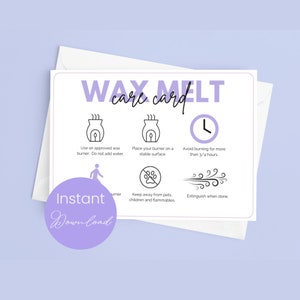 Wax Melt Care-kaartsjabloon voor geschenkverpakkingen | Bijvoegsel afdrukbare waxmeltinstructies | Digitale pdf- en png-verpakking voor kleine bedrijven