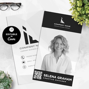 Plantilla de credencial editable de Canva, etiqueta de identificación imprimible para empleados, diseño de credencial con foto para personal de negocios, pase de trabajo, credencial con cordón de oficina