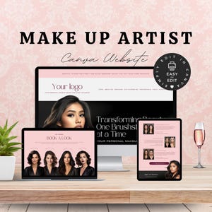 May include: A digital mockup of a makeup artist's Canva website design, shown on a laptop, tablet, and desktop computer. The design uses a pink and white colour scheme with the text "MAKE UP ARTIST" and "Canva Website". The laptop screen displays "BOOK A LOOK".