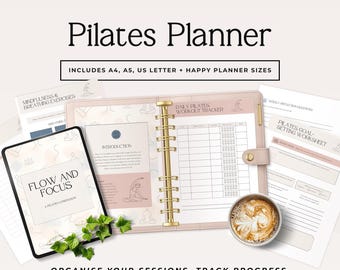 May include: A Pilates planner set featuring a ring-bound organizer with a daily workout tracker, loose-leaf pages including a goal-setting worksheet, and a Flow and Focus companion guide. The text reads Pilates Planner, Includes A4, A5, US Letter + Happy Planner Sizes, and Organise your sessions, track progress, and build a routine that actually sticks.