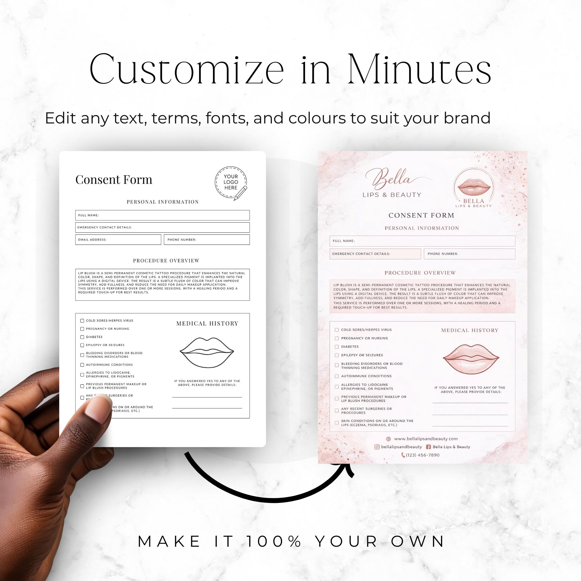 Lip Blush Consent Form Template, PMU Client Intake Form Canva Editable ...