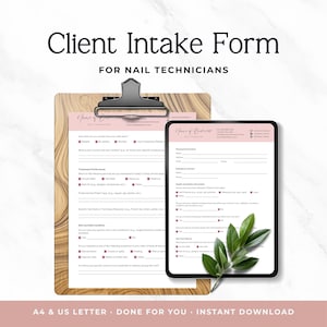 Intagningsformulär för Nail Tech-kunder, utskrivbart formulär för konsultation och samtycke till introduktion av nya kunder, P2