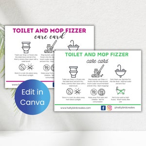 Bewerkbare onderhoudskaart Toilet Fizzer | Afdrukbare instructies voor dweilschuim | Aanpasbaar inzetstuk voor toiletbom | Sjabloon zakelijke canvasverpakking