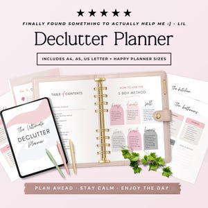 May include: A digital and physical declutter planner set featuring a pink binder with gold rings, a tablet displaying the cover, and printed pages. Text includes "Declutter Planner," "5 Box Method," and "Includes A4, A5, US Letter + Happy Planner sizes."