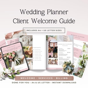 May include: A digital wedding planner client welcome guide with a pink and white design. The guide includes A4 and US letter sizes. The cover features the text "Wedding Planner Client Welcome Guide". The guide includes welcome, services, and billing information.