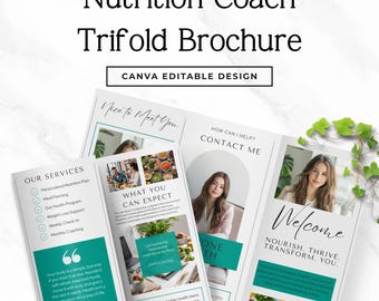 Plantilla de folleto tríptico para entrenador de nutrición / Folleto editable en Canva / Folleto de servicios de nutrición / Guía de bienvenida para clientes / Tamaños A4 y Carta estadounidense