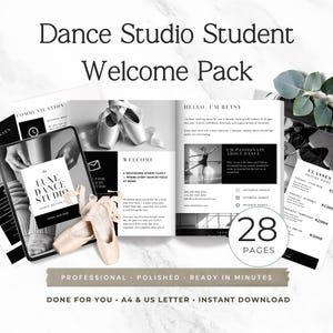 May include: A dance studio student welcome pack featuring a 28-page brochure, digital tablet display, and ballet slippers. The printed materials include text such as Dance Studio Student Welcome Pack, Hello I'm Betsy, and Classes Pricing Guide.
