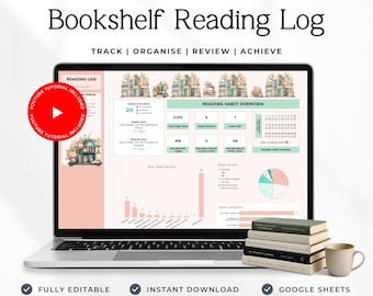 May include: A laptop screen displaying an all-in-one reading tracker spreadsheet titled Bookshelf Reading Log. The interface includes a reading habit overview, charts, and book status data. A stack of five books and a beige mug sit next to the laptop.