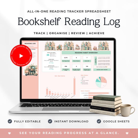 Book Tracker Spreadsheet | Google Sheets Reading Log | TBR List Organizer | Reading Goals Dashboard | Book Review Tracker