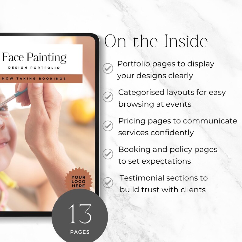 kids party face painting business portfolio template
editable face painting design catalogue Canva template