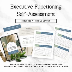 Puede incluir: Un conjunto de hojas de trabajo de autoevaluación tituladas "Executive Functioning Self-Assessment". Las hojas de trabajo incluyen secciones sobre organización, gestión del tiempo y regulación emocional. La imagen también incluye una tableta que muestra la evaluación y el texto "Structured tools to help clients identify strengths, challenges, and next steps with clarity."