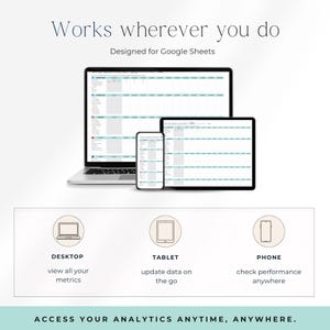 May include: Image showing a laptop, tablet, and smartphone displaying a spreadsheet. Text reads "Works wherever you do" and "Designed for Google Sheets." Below are icons for desktop, tablet, and phone with descriptions.