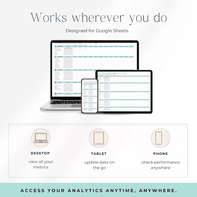 May include: Image showing a laptop, tablet, and smartphone displaying a spreadsheet. Text reads "Works wherever you do" and "Designed for Google Sheets." Below are icons for desktop, tablet, and phone with descriptions.