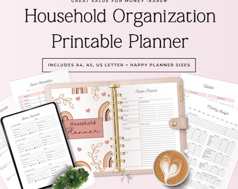 May include: A household organization printable planner set featuring a pink binder with gold rings, various budget and recipe tracking sheets, and text including Household Organization Printable Planner, Includes A4, A5, US Letter + Happy Planner Sizes.