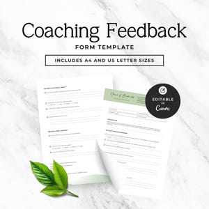 May include: A Coaching Feedback Form Template document featuring sections for outcomes, impact, and final thoughts. The white paper includes black text, a green header, and a black circular badge stating Editable in Canva. Includes A4 and US letter sizes.
