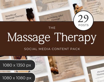 May include: A digital social media content pack for massage therapy featuring 29 posts. The design uses a brown and beige color palette with text overlays including "The Massage Therapy Social Media Content Pack" and "29 POSTS".