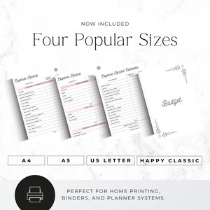 K&ouml;nnte beinhalten: Abbildung von vier Planergr&ouml;&szlig;en: A4, A5, US Letter und Happy Classic. Das Bild zeigt Ausgabenaufzeichnungen mit rosa Akzenten und ein Budgetblatt. Der Text lautet "Four Popular Sizes" und "Perfect for home printing, binders, and planner systems."