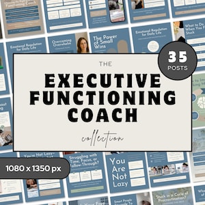 Może przedstawiać: Kolekcja 35 postów w mediach społecznościowych dla trenera funkcji wykonawczych. Główna grafika zawiera tekst "THE EXECUTIVE FUNCTIONING COACH collection" pogrubioną, czarną czcionką. Obraz ma wymiary 1080 x 1350 px.