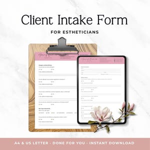 Formulaire d'admission client pour esthéticienne | Modèle Canva | Consultation visage | Fiche de consultation soins de la peau | Formulaires spa modifiables | Formats A4 et Lettre US