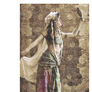 Puede incluir: Patrón de punto de cruz de una mujer con turbante y ropa colorida sosteniendo un espejo, con el texto "Mirror Mirror" y "Cross stitch chart" sobre la imagen. El tamaño del diseño es de 133 x 200 puntos.