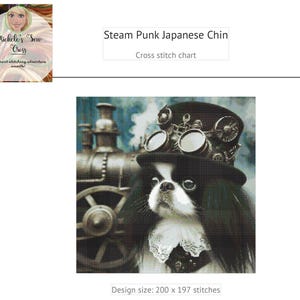 Op de afbeelding: Een kruissteekpatroon van een Japanse Chin-hond die een steampunk-hoed met een bril draagt. De hond staat voor een stoommachine. Het patroon is 200 x 197 steken.
