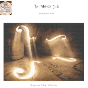 May include: Cross stitch pattern of a cello with glowing strings in a dark room. The design size is 220 x 160 stitches.