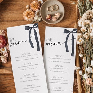 Menú de cena de boda imprimible con lazo negro, tarjeta de menú nupcial gótica para la configuración de los lugares, tarjeta de agradecimiento moderna, BS99