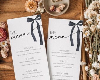 Black Bow She is Tying the Knot Wedding Dinner Menu Printable, Gothic Bridal Menu Card For Place Setting, Modern Thank You Place Card, BS99
