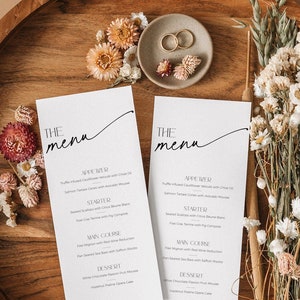 Minimalistyczne menu na kolację weselną do wydrukowania, klasyczny skrypt menu ślubnego, ustawienie miejsc, elegancka nowoczesna karta z podziękowaniami, czarna, BS35
