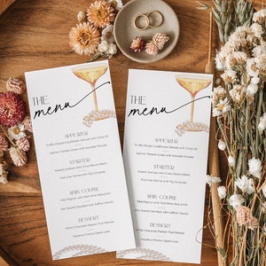 Perlen und Prosecco Brautdusche Menü druckbar, Brunch und sprudelnde Lebensmittel Karte Gedeck, Neutral Danke Tisch Label Henne Wochenende, BS61