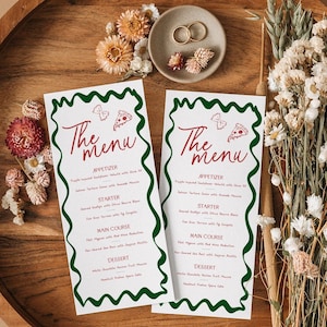 Thats Amore Menu per la cena di nozze con pizza italiana disegnata a mano, stampabile, menu per la sposa con bordo ondulato, segnaposto, grazie rosso curvo, BS103