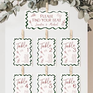 Modèle de plan de table italien dessiné à la main Thats Amore, répétition de pizza, bannière Trouvez votre place, panneau de mariage rouge bordure ondulée, BS103