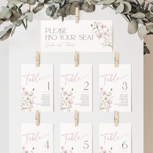 Modèle de plan de table pour carte floral rose poudré, fleurs sauvages printanières, bannière Trouvez votre siège, nom de mariage élégant amour en fleurs, BS90