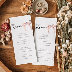 Elle fait le noeud de menu du dîner de mariage imprimable, cartes de menu de mariée avec noeud rose poudré pour la décoration de la table, marque de lieu de remerciement moderne, BS58