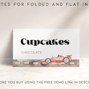 Racing car tent food buffet cards template, printable race car food label card folded, editable boy food table sign download flat, BK06