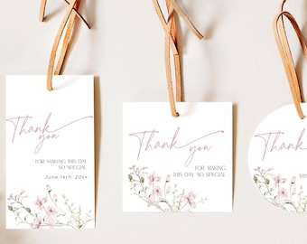 Blush Pink Floral Bridal Shower Thank You Tag Template, Wildflower Spring Baby Sprinkle Favor Bag Label, Love Is In Bloom Gift Sticker, BS90