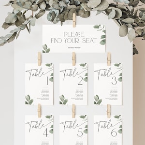 Eucalyptus tafel kaart zitplaatsen grafiek sjabloon, groen Vind uw stoel banner, moderne salie groene verlof bruiloft, botanische couvert, BS39