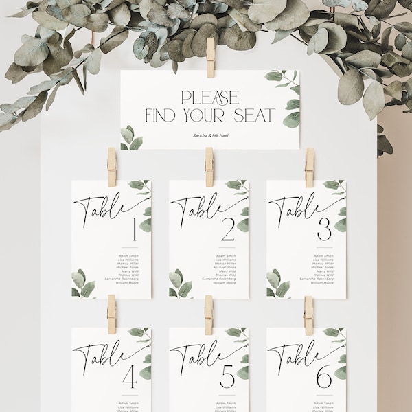 Eucalyptus Table Card Seating Chart Template, Greenery Find your Seat Banner, Modern Sage Green Leave Wedding, Botanical Place Setting, BS39